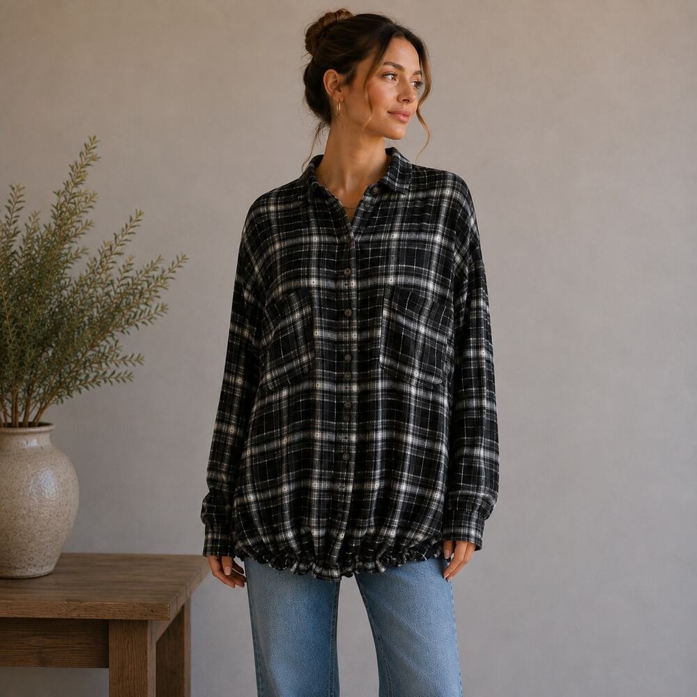 PIns & Needles Gray Green Gathered Plaid Button Down Top Sm